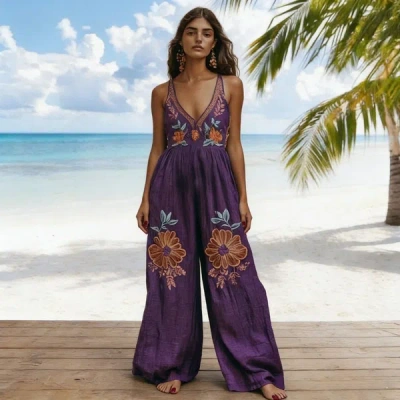 Truedames Summer Vintage Floral Linen Halter Wide-leg Jumpsuit In Purple