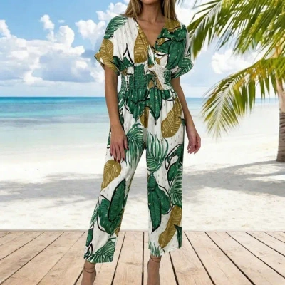 Truedames Summer V-neck Printed Dolman Sleeve Cropped Wide-leg Jumpsuit In Green