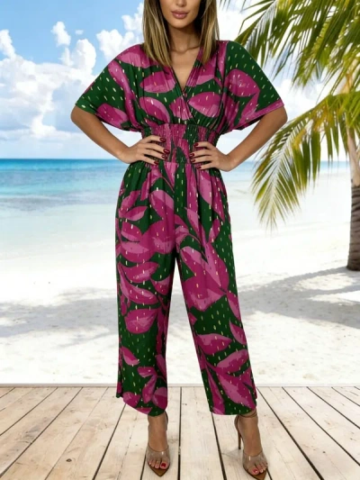 Truedames Summer V-neck Printed Dolman Sleeve Cropped Wide-leg Jumpsuit In Pink