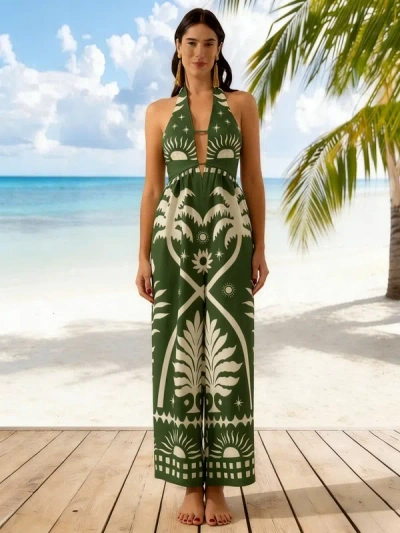 Truedames Summer V-neck Sexy Floral Halter Wide-leg Jumpsuit In Green