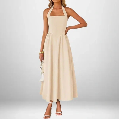Truedames Summer Women's Fashion Temperament Wide Suspender Neck Halter Dress In Beige