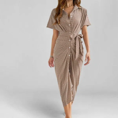 Truedames Summer Women's V-neck High Waist Temperament Breasted Buckle Lace-up Short Sleeve Dress In Brown