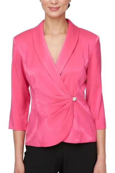 Truedames Surplice Neckline Quarter Sleeves Embellished Side Closure Sheen Blouse Dress In Pink