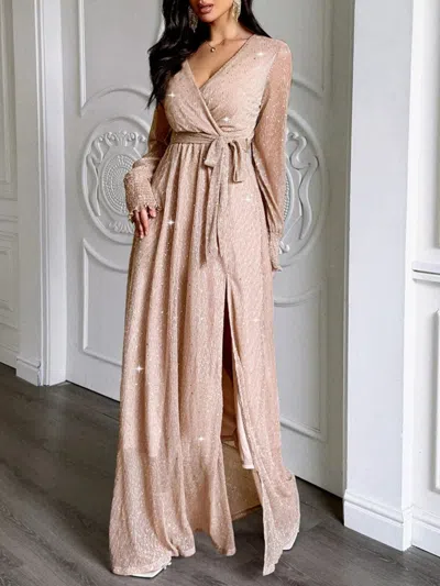 Truedames Surplice Slit Tie Waist Maxi Dress In Gold