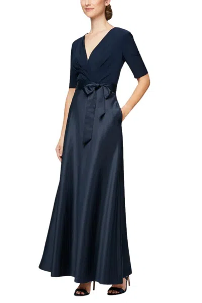 Truedames Surplice V-neckline Elbow-length Sleeves Bodice Faux-wrap With Matching Tie-belt Side Seam Pockets S In Blue