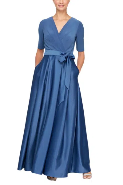 Truedames Surplice V-neckline Elbow-length Sleeves Bodice Faux-wrap With Matching Tie-belt Side Seam Pockets S In Blue