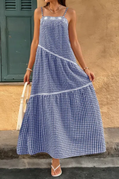 Truedames Suspenders Plaid Color Block A Line Dress In Blue