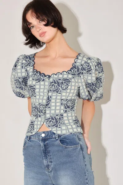 Truedames Sweet Check Romance Woven Jacquard Top In Blue