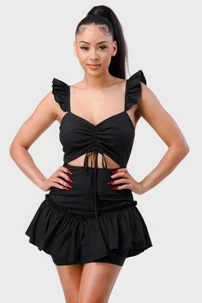 Truedames Sweetheart With Drawstring Bow Cutout Ruffled Flutter Sleeves Mini Dress In Black