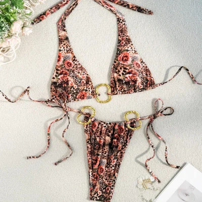 Truedames Swimsuit Female Sexy Slim Halter Strap Printed Briefs Bikini Bikini In Multi