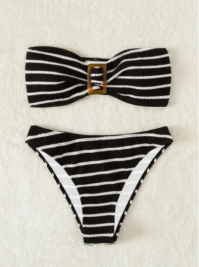 Truedames Swimsuit Sexy Striped Tube Top Bikini Swimsuit Female Bikini In Black