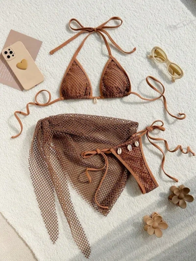 Truedames Swimsuit Three Piece Set Split Bikini Swimsuit For Women In Brown