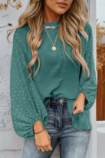 Truedames Swiss Dot Balloon Sleeve Loose Blouse In Green