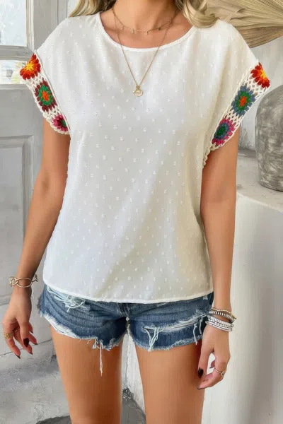 Truedames Swiss Dot Crochet Patchwork Short Sleeves Shirt In White