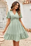 Truedames Swiss Dot Cutout Ruffle V Neck Puff Sleeve Dress In Green
