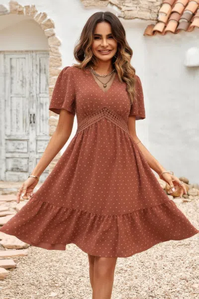 Truedames Swiss Dot Cutout Ruffle V Neck Puff Sleeve Dress In Brown