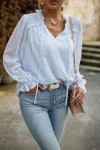Truedames Swiss Dot Ruched Shoulder Hem Ruffle Blouse In Blue