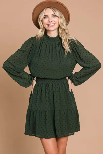 Truedames Swiss Dot Smock Neck Mini Dress With Pockets In Green