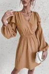 Truedames Swiss Dot Surplice Neck Ruffle Shoulder Midi Dress In Brown