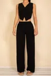 Truedames Tailored Button Vest With Adjustable Back Tie & Wide Leg Pants Set In Black