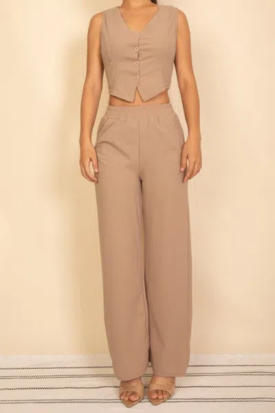 Truedames Tailored Button Vest With Adjustable Back Tie & Wide Leg Pants Set In Brown