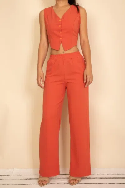 Truedames Tailored Button Vest With Adjustable Back Tie & Wide Leg Pants Set In Orange