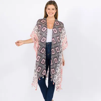 Truedames Tassel Embroidery Geometric Pattern Kimono Poncho In Beige