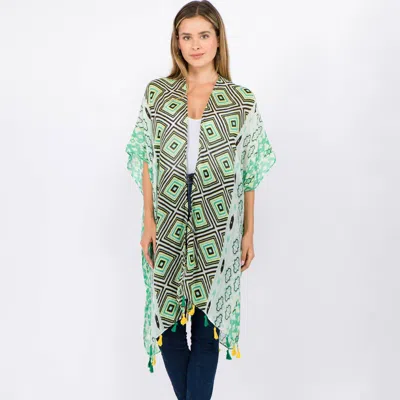 Truedames Tassel Embroidery Geometric Pattern Kimono Poncho In Green