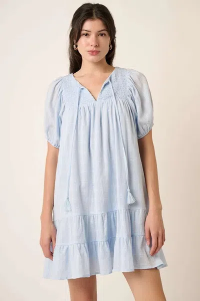 Truedames Tassel Tie Plaid Gauze Short Sleeve Mini Dress In Blue