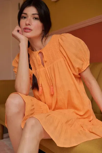Truedames Tassel Tie Plaid Gauze Short Sleeve Mini Dress In Orange