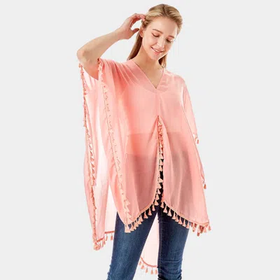 Truedames Tassel Trimmed Solid Cover Up In Pink
