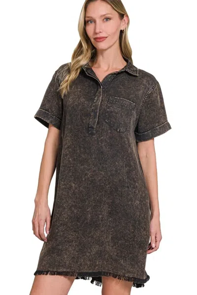 Truedames Tencel Mineral Washed Collared Shirts Dress In Black