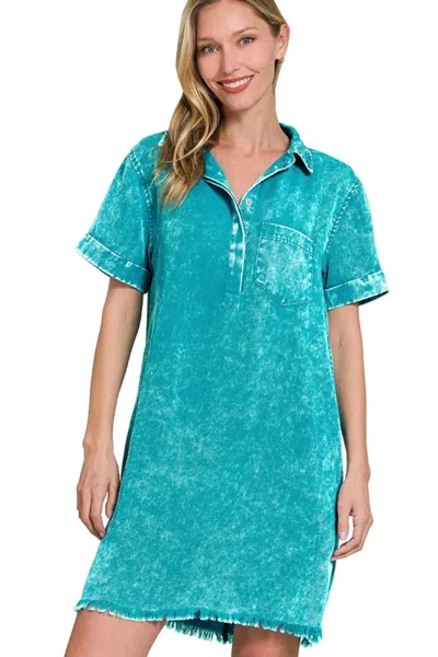 Truedames Tencel Mineral Washed Collared Shirts Dress In Blue
