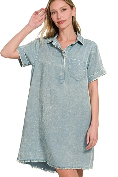 Truedames Tencel Mineral Washed Collared Shirts Dress In Blue