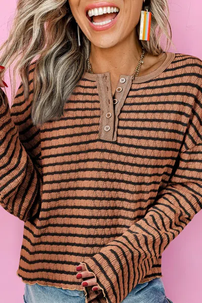 Truedames Textu Frilly Trim Buttons Henley Long Sleeve Top In Multi