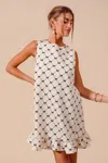 Truedames Texture Bow Printed Mini Ruffle Dress In White