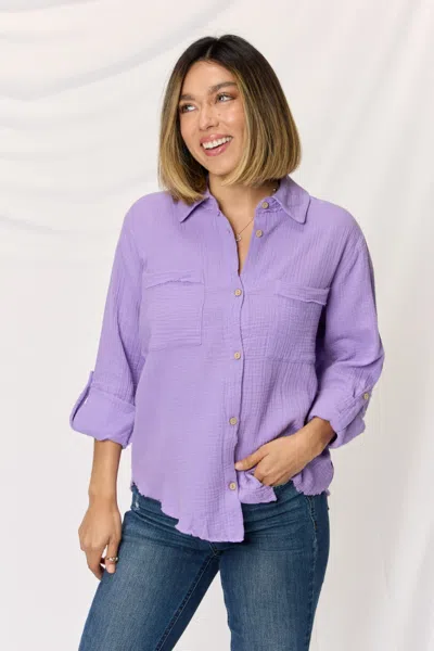Truedames Texture Button Up Raw Hem Long Sleeve Shirt In Purple