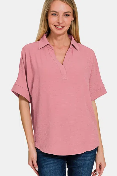 Truedames Texture Collared Neck Short Sleeve Top In Multi