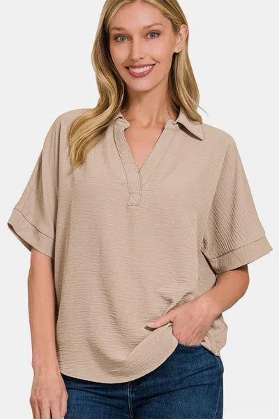 Truedames Texture Collared Neck Short Sleeve Top In Neutral
