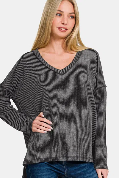 Truedames Texture Exposed Seam V-neck Long Sleeve T-shirt In Gray