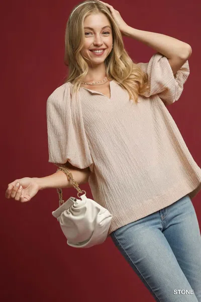 Truedames Texture Puff Sleeve Notched Blouse In Neutral