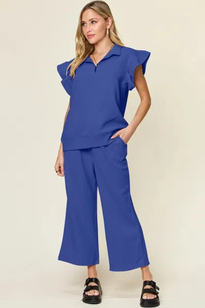 Truedames Texture Ruffle Short Sleeve Top And Drawstring Wide Leg Pants Set In Blue