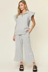 Truedames Texture Ruffle Short Sleeve Top And Drawstring Wide Leg Pants Set In Gray