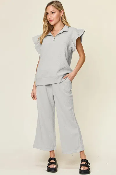 Truedames Texture Ruffle Short Sleeve Top And Drawstring Wide Leg Pants Set In Gray