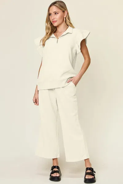 Truedames Texture Ruffle Short Sleeve Top And Drawstring Wide Leg Pants Set In White