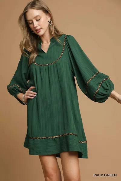 Truedames Textured Babydoll Dress With Leopard Trim In Green