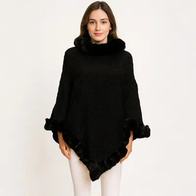 Truedames Textured Faux Fur Trim Cape Poncho In Black