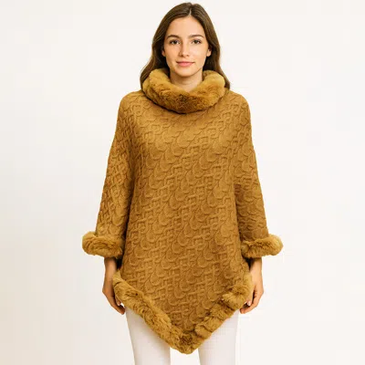 Truedames Textured Faux Fur Trim Cape Poncho In Brown