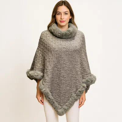 Truedames Textured Faux Fur Trim Cape Poncho In Gray