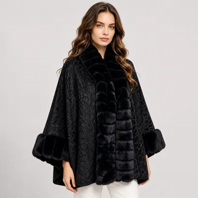 Truedames Textured Faux Fur Trimmed Cape Shawl In Black